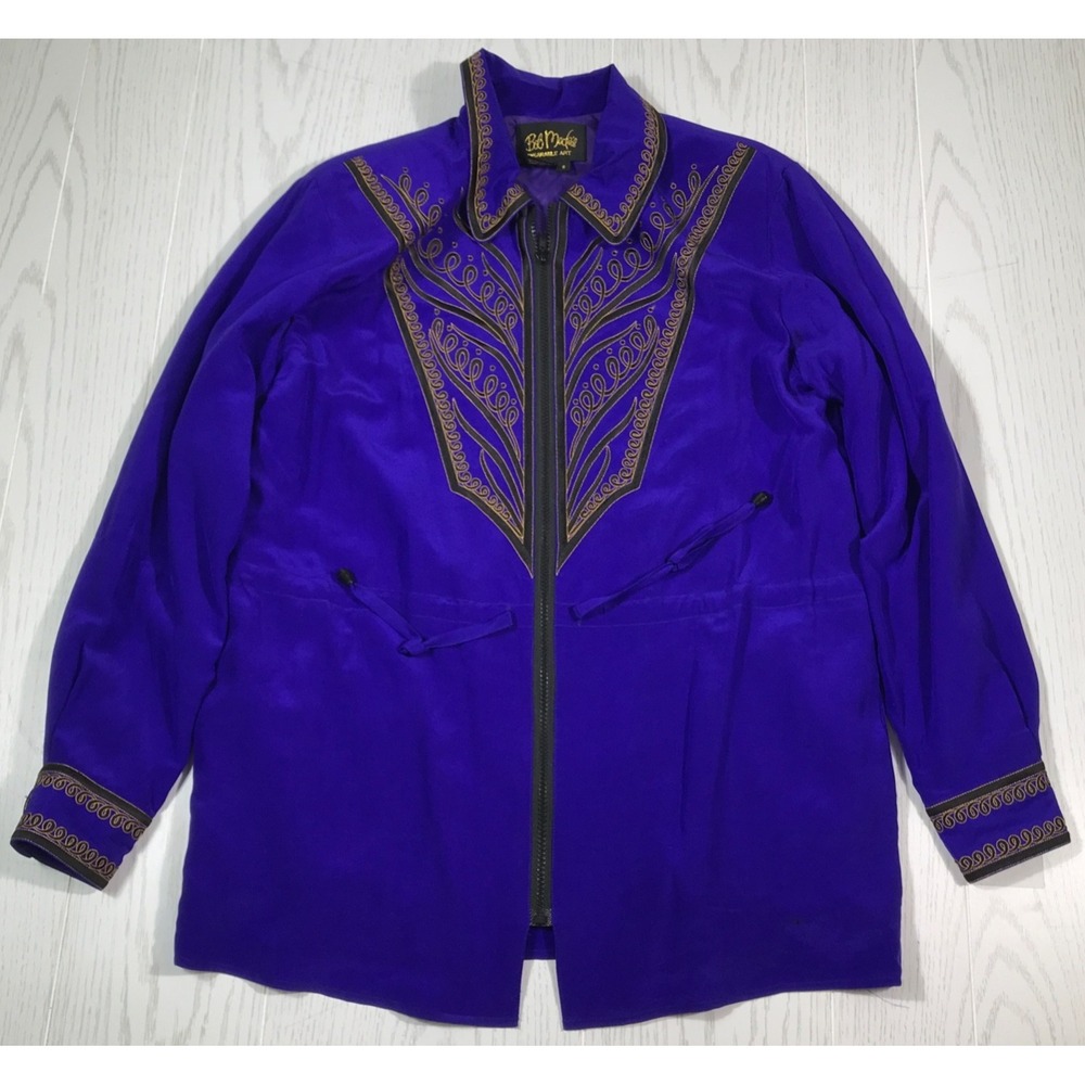 Bob Mackie Wearable Art Jacket Small Blue Silk Embroidery Drawstring Waist Boho